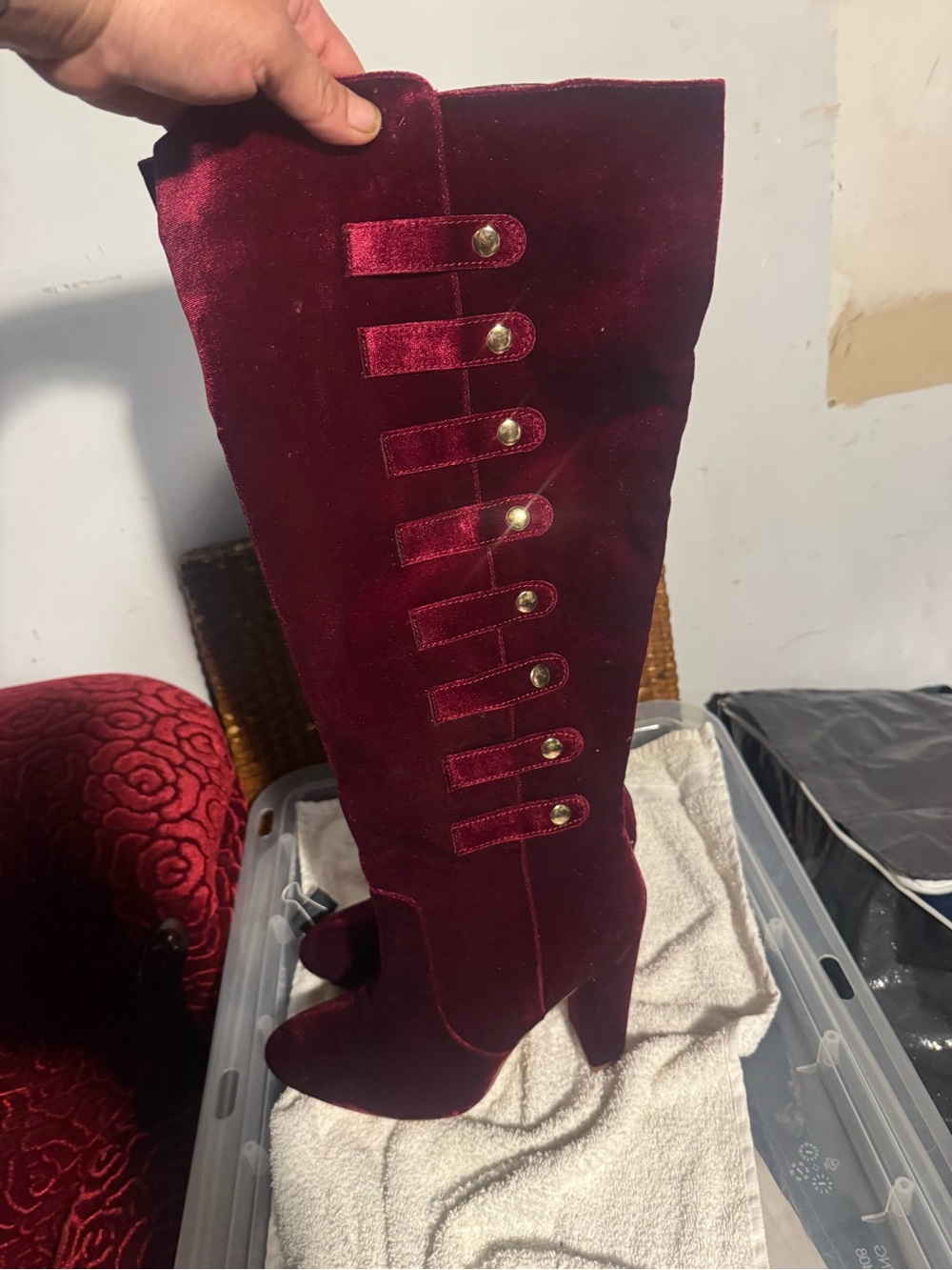 JustFab Burgundy Velvet Over-the-Knee Heeled Boots with Gold Buttons